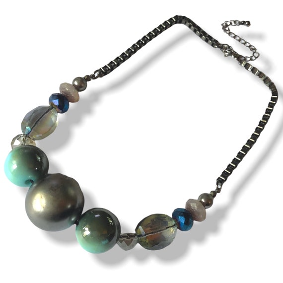 Metallic Blue Oversized Bead Necklace, Blues & Br… - image 1