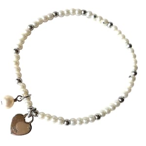 Glass Pearl Bracelet: Sterling Silver Heart Charm, Vintage Style