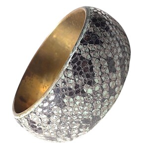Vintage Faux Snakeskin Leather and Brass Bangle Grey Black Wide Statement Bracelet 1980s