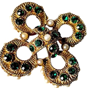 Faux Smaragd & Perlen Brosche: Vintage Gold Tone filigran, viktorianischer Stil
