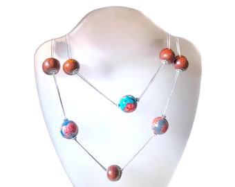 Chunky Hand Painted Wooden Bead Floral Statement Necklace Silver Tone