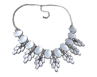 Vintage Opaline Glass Bib Necklace Moonstone Style Shimmer Statement Silver Tone