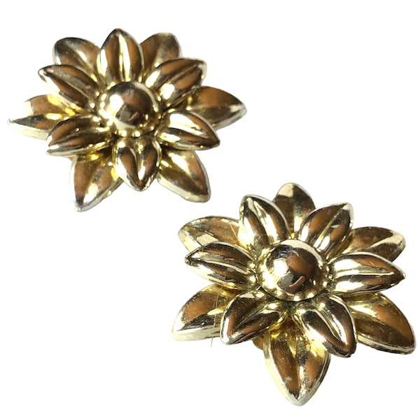 Vintage Acrylic Large Gold Flower Statement Clip on Earrings