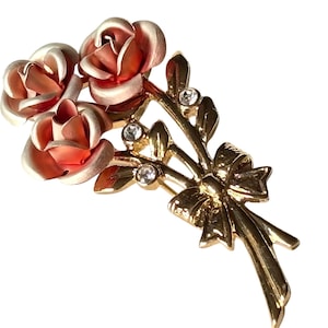 Broche vintage de rosa esmaltada rosa: broche floral dorado de los años 60