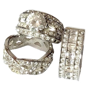 Vintage Diamanté Rhinestone Ring Set, Silver Tone Trio, 1990s Cocktail Stacking Rings