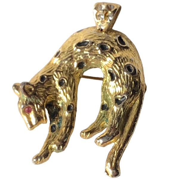 Vintage Arched Leopard Brooch with Crystal Encrusted Pendant Bail & Red Crystal Eye, Brooch Pendant Combination