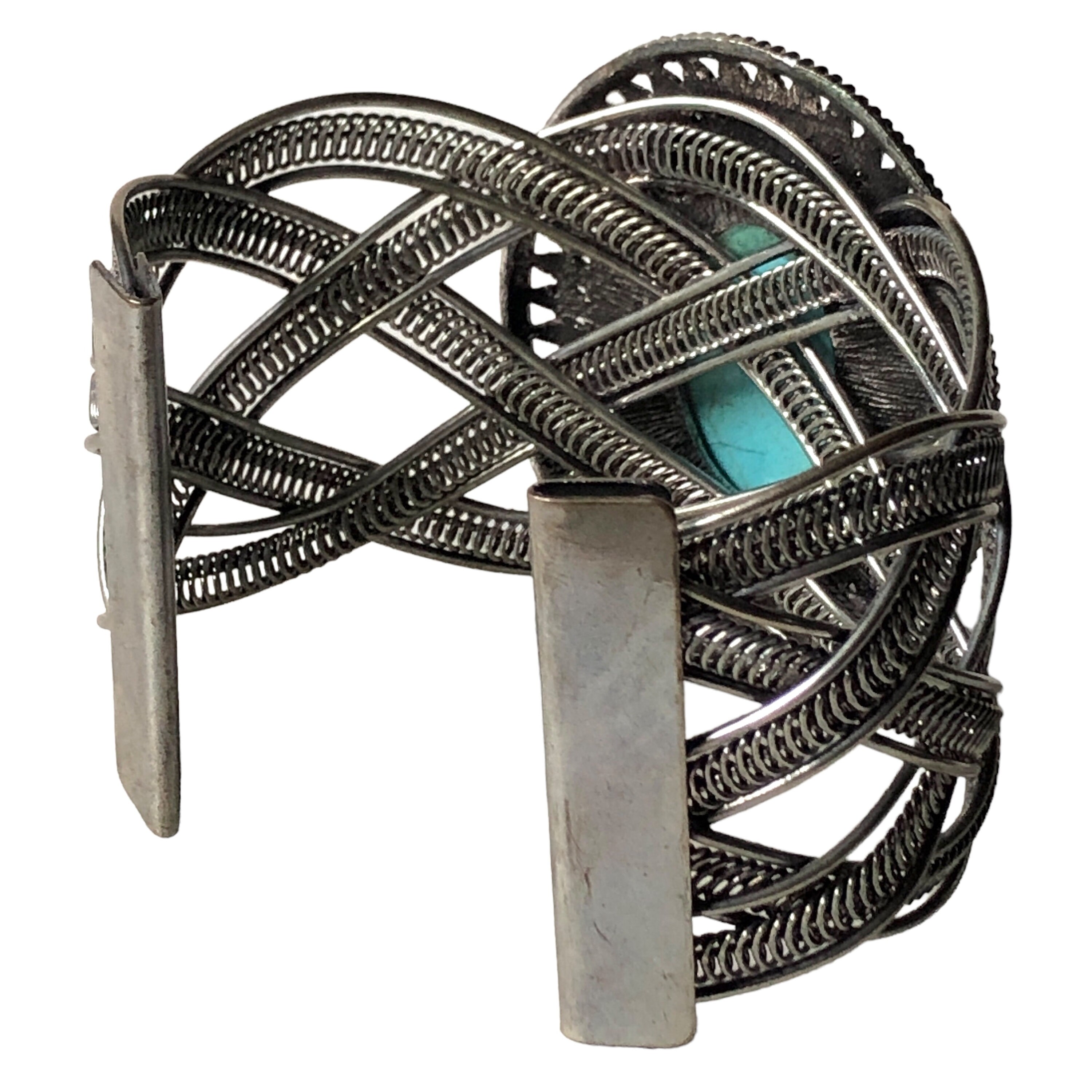 Wide Silver Navajo Style Cuff Bracelet With Braided Wire