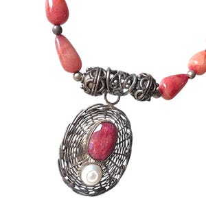 Ruby Bead & Keshi Pearl Necklace with Silver Tone Birds Nest Pendant
