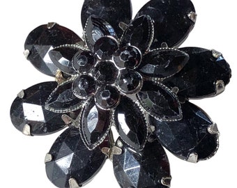 Black Acrylic Gem Flower Scarf Clip, Vintage Scarf Slide, Mid Century Ladies Accessories. Scarf Ring Brooch,  Vintage Brooches UK