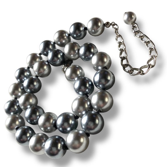 Two Tone Silver Faux Pearl Bead Necklace, Glass P… - image 1