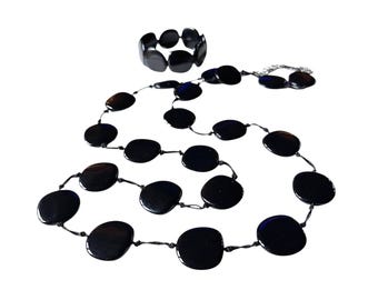 Vintage Hand Tied Black Acrylic Bead Necklace Bracelet Set