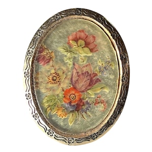 Vintage Floral Scarf Clip: Painted Glass Scarf Holder, Gold Tone