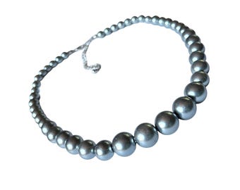 collier de perles de verre argenté vintage des années 80, perles nacrées graduées, bijoux fantaisie rétro, cadeau tendance