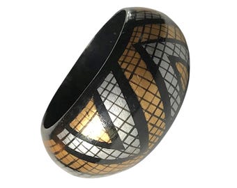 Gold Silver Black Bangle, Hand Painted Wide Bracelet, Vintage 1980s Bangle, Retro Statement Jewellery, UK Vintage Style, Gift for Her