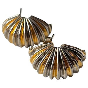 Two Tone Shell Fan Earrings: 80s Gold Silver Statement Jewelry