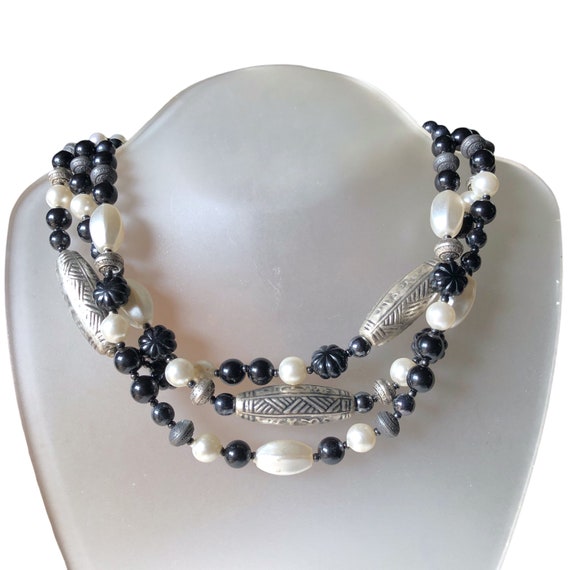 Vintage Italian Three Strand Necklace: Black, Silver, Faux Pearl 