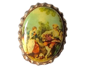 Vintage Fragonard Porzellan Brosche, 1950er Jahre Brautpaar, Anstecknadel, goldfarben, Landhaus Brosche