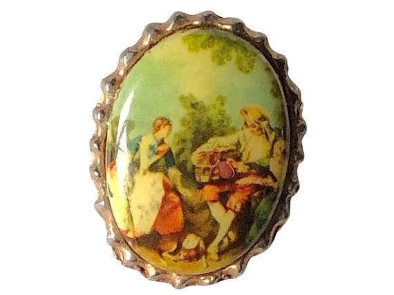 Vintage Fragonard Porcelain Brooch, 1950s Courting Couple Pin, Gold Tone, Country Brooch