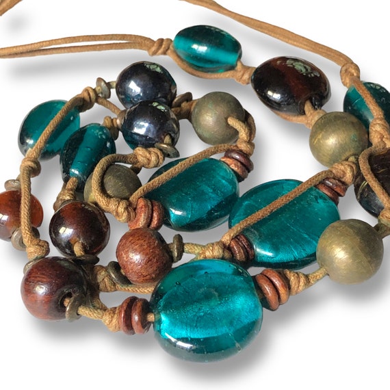 Mixed Glass Metal and Wood Bead Hand Tied Necklac… - image 9