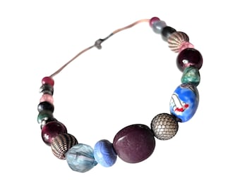 Collar de cuentas bohemio vintage: cerámica de cristal soplado a mano, joyería retro de los años 80