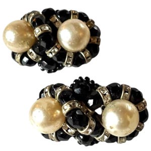 Vintage Double Knot Faux Pearl & Black Crystal 80s Runway Clip-On Earrings