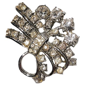 1950s Silver-Tone Paste Flower Spray Brooch, Rhinestone Bouquet Pin