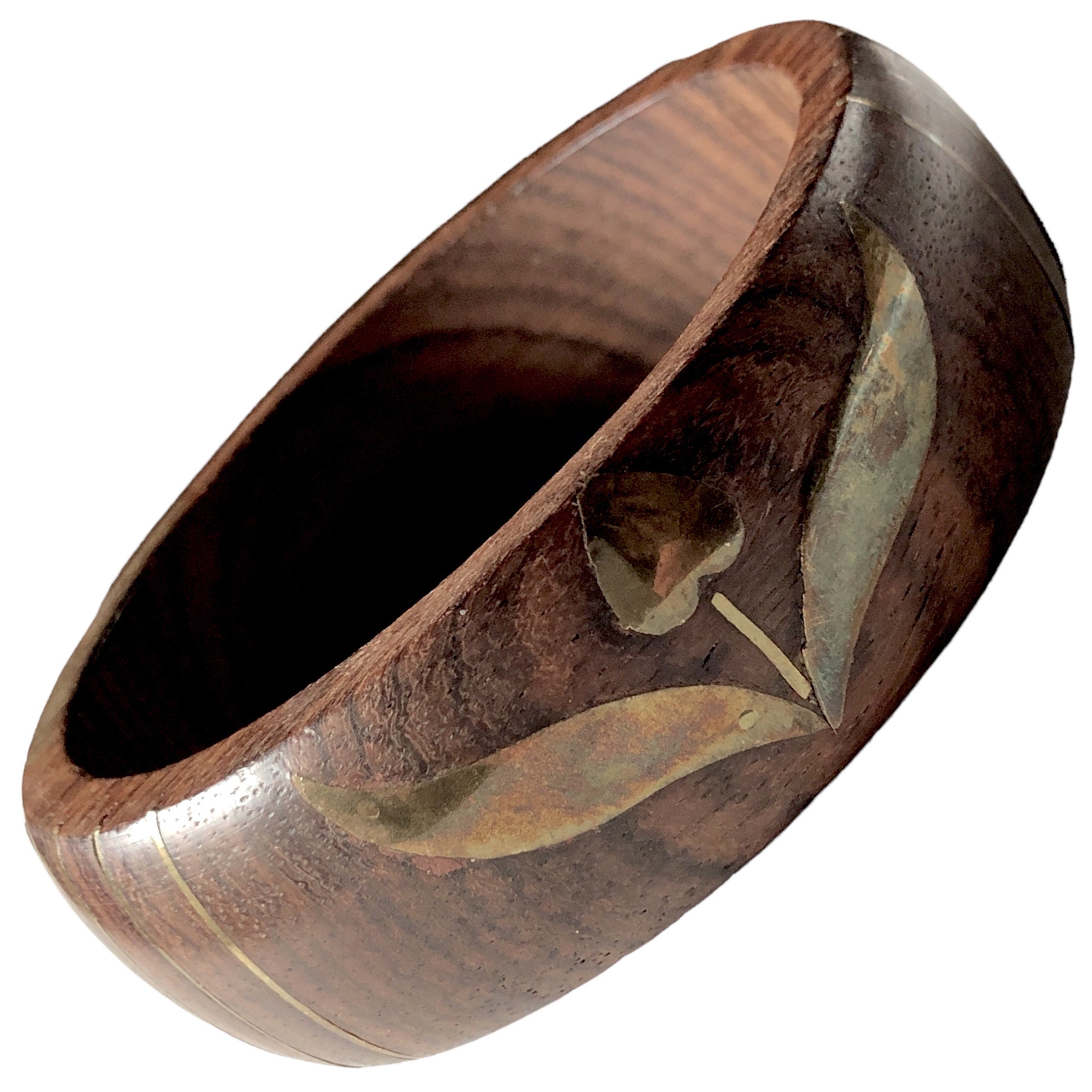 Vintage Dark Grained Wood Bangle With Brass Inset Design - Etsy