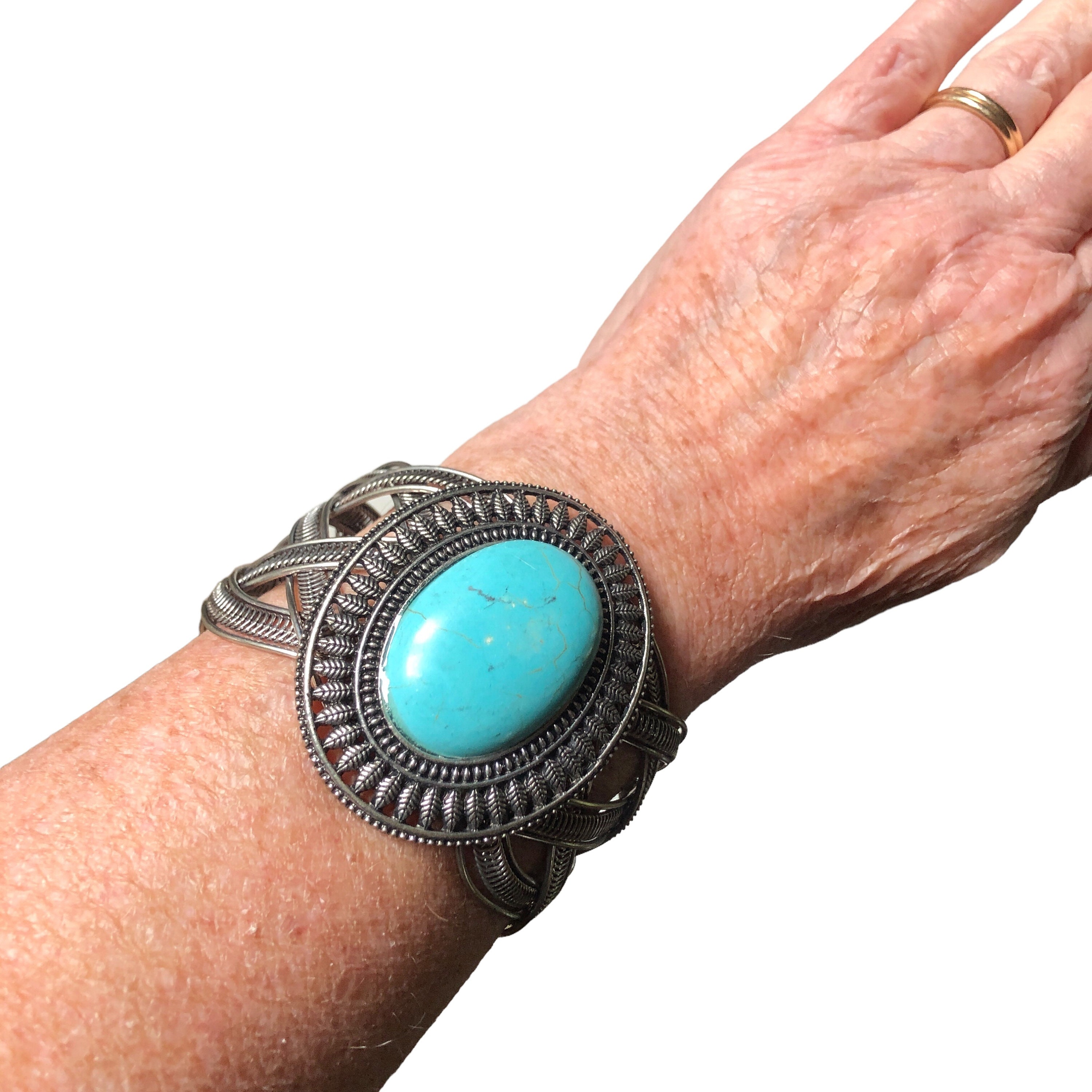 Wide Silver Navajo Style Cuff Bracelet With Braided Wire