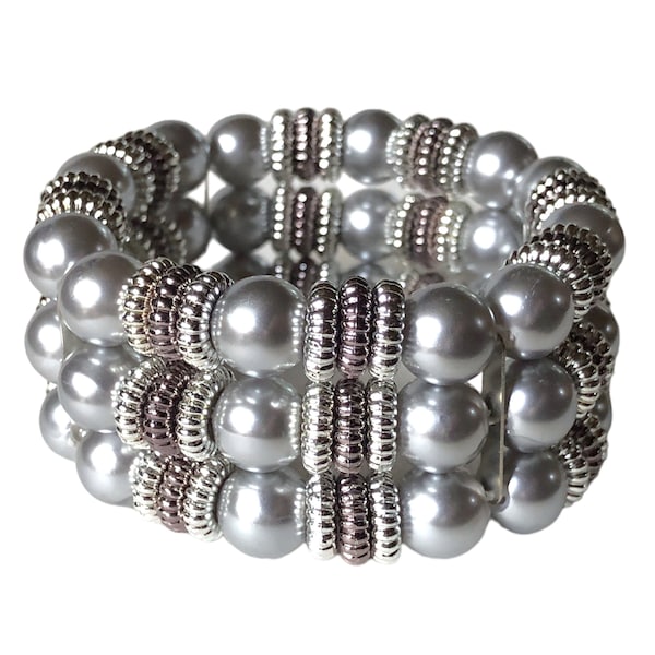 Silver Pearlised Beads Elasticated Bracelet with Silver & Bronze Spacer Beads