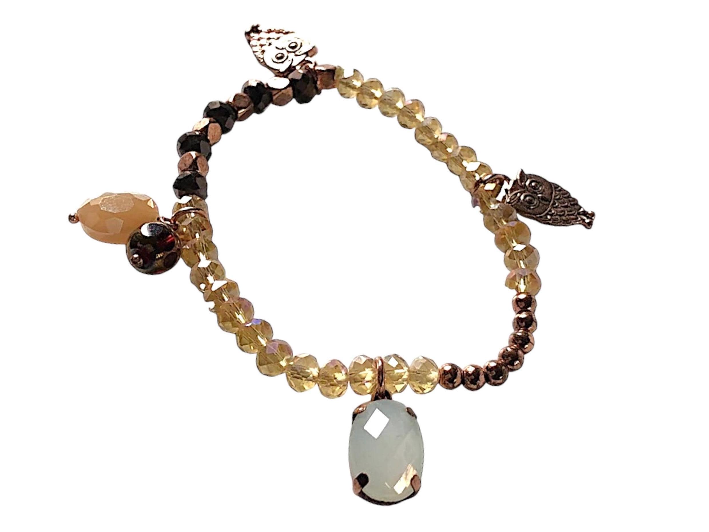 Rose Gold Crystal Stretch Bracelet Owl Charms Vintage Stacking Carnival Glass Bronze