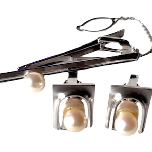Vintage Cultured Pearl Cufflink Tie Clip Set: Sterling Silver Formalwear