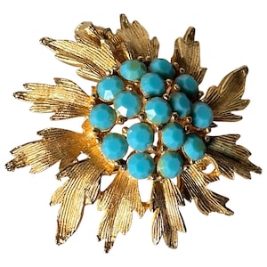 Gold tone leaf brooch, turquoise rhinestone flower, vintage gilt foliage pin, blue glass statement brooch, bridal & gift for her