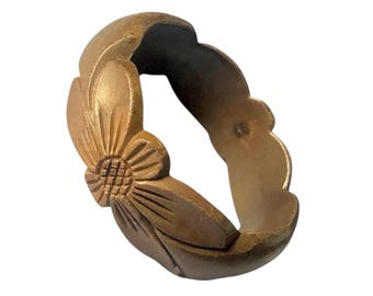 Faux wood bangle, floral carved bracelet, vintage plastic bangle, wood tone jewellery, retro cuff, chunky bracelet, natural & boho style