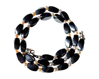Vintage Hematite and Cultured Pearl Necklace with Magnetic Clasp