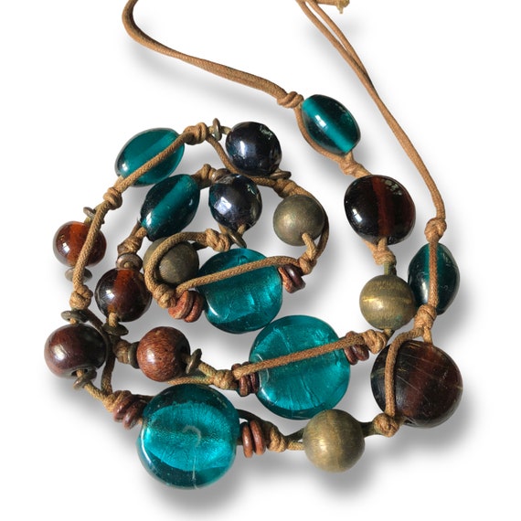 Mixed Glass Metal and Wood Bead Hand Tied Necklac… - image 3