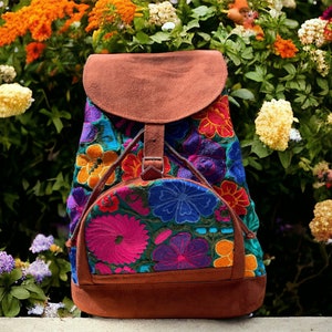Colorful embroidered ethical backpack, handmade in Guatemala, artisanal backpack adjustable strap, travel backpack, bags for women