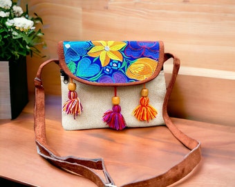 Bandolera pequeña artesanal, bolso bordado, estampado floral, hecho en Guatemala, bolso artesanal para mujer