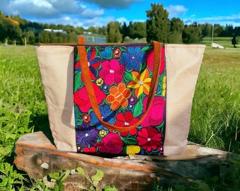 Embroidered Sunflower Backpack: Handmade Guatemalan Suede  display picture 3