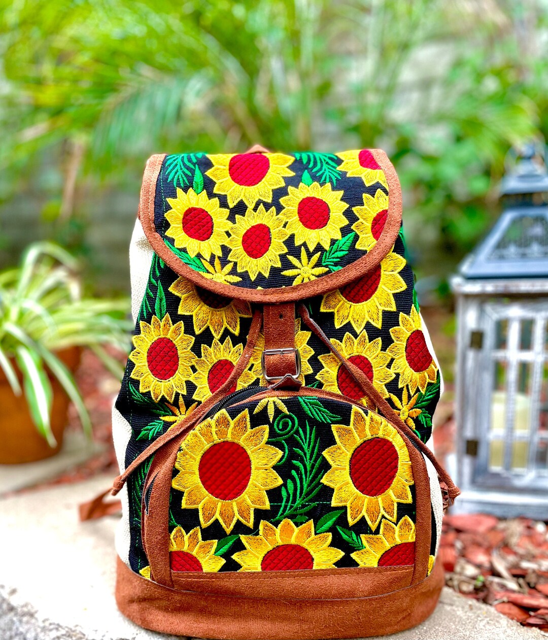 Boho Sunflower Embroidered Backpack Handmade in Guatemala Embroidered Sunflower Backpack: Handmade Guatemalan Suede  main image 2