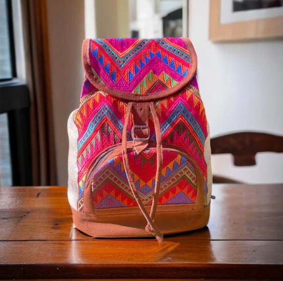 Boho Hand Stitched Drawstring Backpack Purse Guatemala Multicolor Festival Bag 90 main image 3