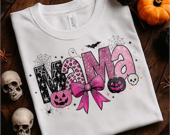 Mamá de Halloween con purpurina rosa PNG: Diseño de lazo de calabaza de leopardo (descarga digital)