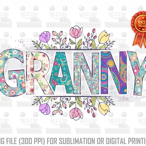 Könnte beinhalten: Blumenmuster-Design des Wortes "Granny" mit einem floralen Rand. Das Wort ist in Türkis, Lila und Rosa. Der Rand ist in Grün, Rosa und Gelb.