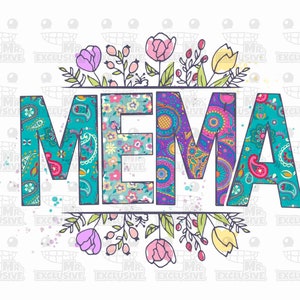 May include: A colorful floral design with the word "MEMA" in the center. The letters are filled with a paisley pattern and surrounded by flowers and leaves.
