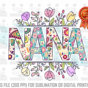 Könnte beinhalten: Blumiges Muster des Wortes "NANA" in Blau, Rosa, Gelb und Grün. Das Wort ist von einem Rand aus Blumen und Blättern umgeben.