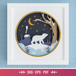 3D Polar Bear Shadow Box SVG - Winter SVG, Christmas, Snow, Layered Paper Art, Files For Cricut and Silhouette with Easy Instructions
