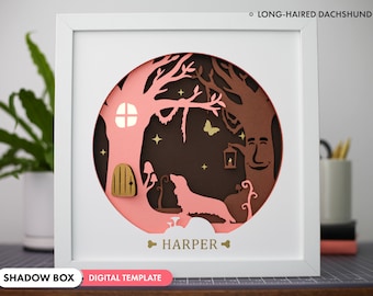 3D Dachshund de pelo largo Shadowbox SVG - Arte de papel en capas, Memorial de mascotas, archivos de perros personalizados para Cricut con instrucciones sencillas