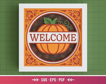 Caja de sombras de bienvenida de otoño 3D SVG: Letrero de bienvenida de otoño en capas para Cricut y Silhouette, arte mural de calabaza en capas