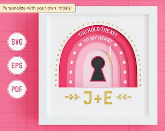 Clave 3D para mi Heart Shadow Box SVG con iniciales personalizadas - Valentines Day Shadow Box, Boho Rainbow SVG, Personalizado, Archivos para Cricut, Fácil