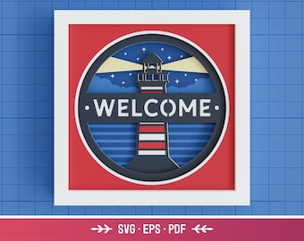 3D Lighthouse Shadow Box SVG - Signo de bienvenida náutica, arte de papel en capas, archivos oceánicos para Cricut y silueta con instrucciones sencillas