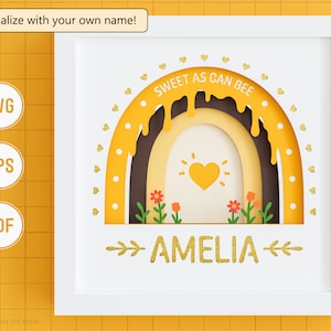 3D Sweet As Can Bee Schattenbox SVG mit individuellem Namen - Honigbiene Schattenbox, Boho Regenbogen SVG, Kinderzimmer SVG, personalisierbar, Dateien für Cricut, einfach